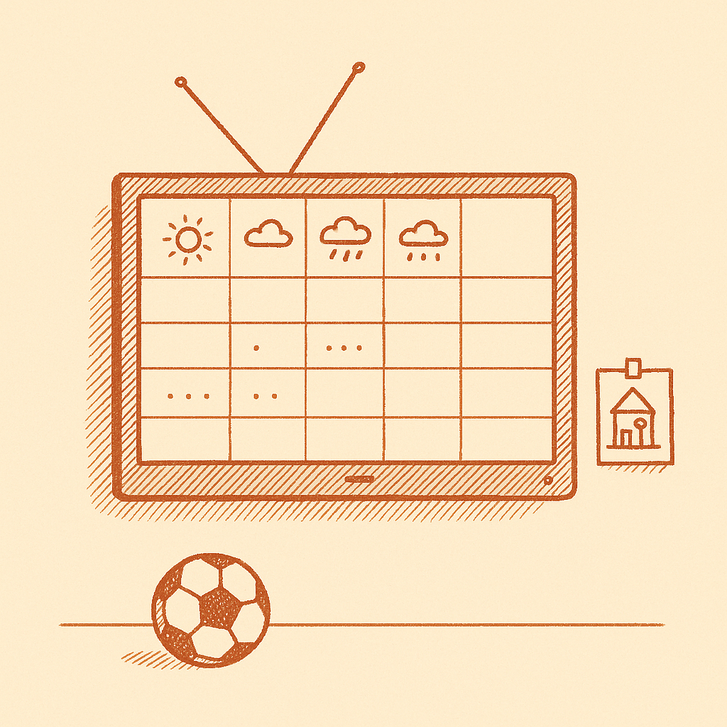 Sketch of a wall-mounted TV showing a weekly calendar with weather icons over events.