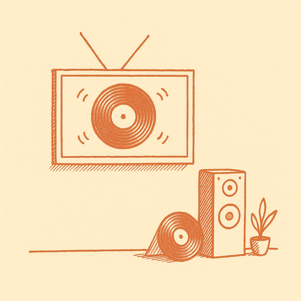 Sketch of a wall-mounted TV showing an album record with sound waves, beside a vintage speaker.