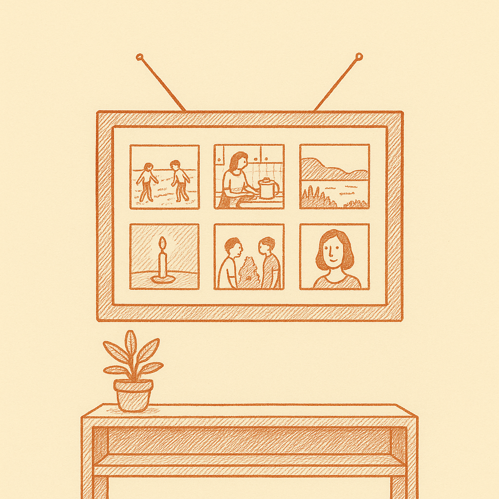 Sketch of a wall-mounted TV showing a grid of family photographs.