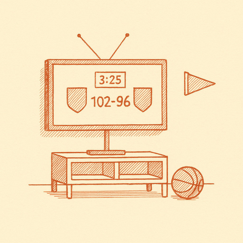 Sketch of a wall-mounted TV showing a basketball scoreboard with team shields and a clock.